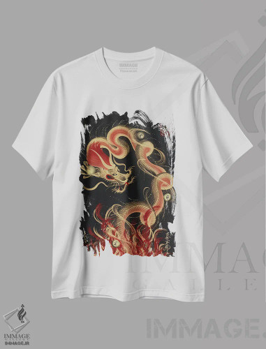 تیشرت سفید طرح دار اژدهای آتشین محافظ، دکور آسیایی اثر دراگون وان-استروک | فروشگاه ایماژ