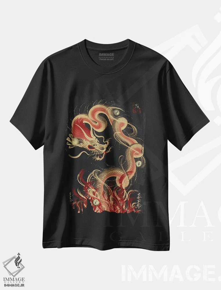 تیشرت مشکی طرح دار اژدهای آتشین محافظ، دکور آسیایی اثر دراگون وان-استروک | immage.ir