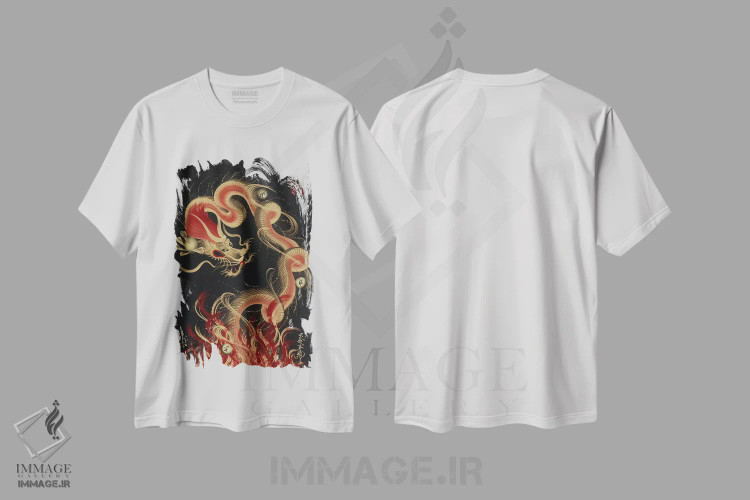 تیشرت سفید طرح دار اژدهای آتشین محافظ، دکور آسیایی اثر دراگون وان-استروک | فروشگاه ایماژ