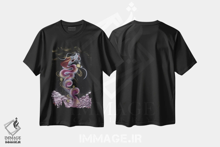 تیشرت مشکی طرح دار اژدهای آسمانی به ماه، دکور آسیایی اثر دراگون وان-استروک | فروشگاه ایماژ