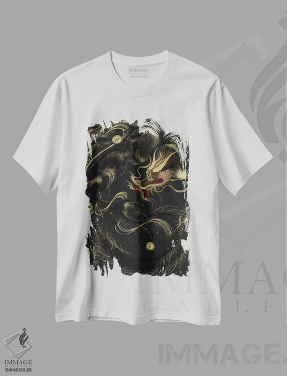 تیشرت سفید طرح دار اژدهای سیاه رعدآسا، دکور آسیایی اثر دراگون وان-استروک | immage.ir
