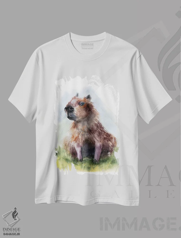 تیشرت سفید طرح دار کاپیبارا ۲، دکور معاصر اثر الگا چفرانوف | فروشگاه ایماژ