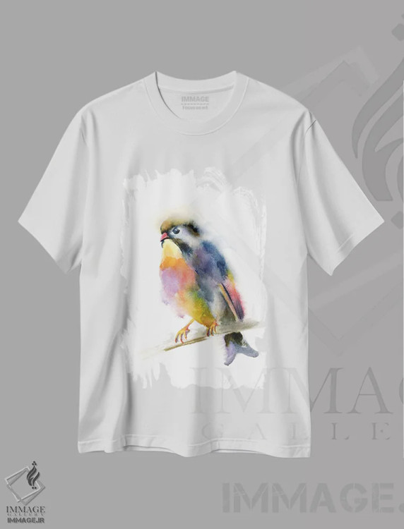 تیشرت سفید طرح دار بلبل، دکور معاصر اثر الگا چفرانوف | فروشگاه ایماژ