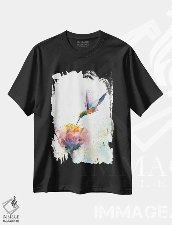 تیشرت مشکی طرح دار مرغ مگس خوار، دکور معاصر اثر الگا چفرانوف | فروشگاه ایماژ