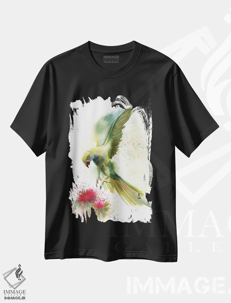 تیشرت مشکی طرح دار طوطی سبز و گل، دکور معاصر اثر الگا چفرانوف | immage.ir