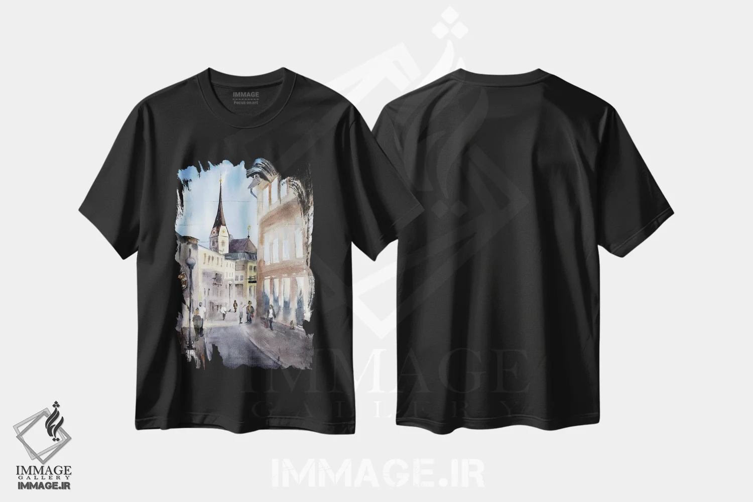 تیشرت مشکی طرح دار چشم انداز شهری باد ایشل، دکور معاصر اثر الگا چفرانوف | فروشگاه ایماژ
