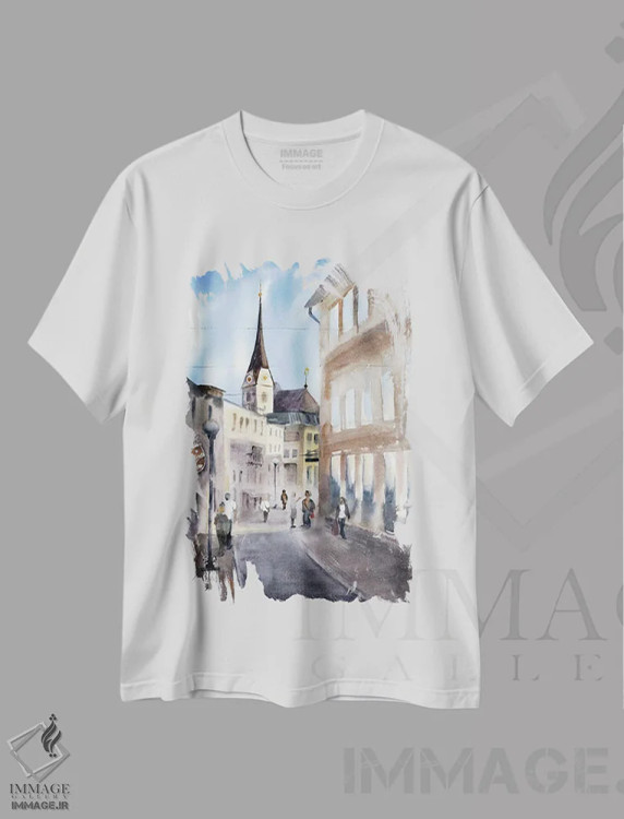 تیشرت سفید طرح دار چشم انداز شهری باد ایشل، دکور معاصر اثر الگا چفرانوف | immage.ir