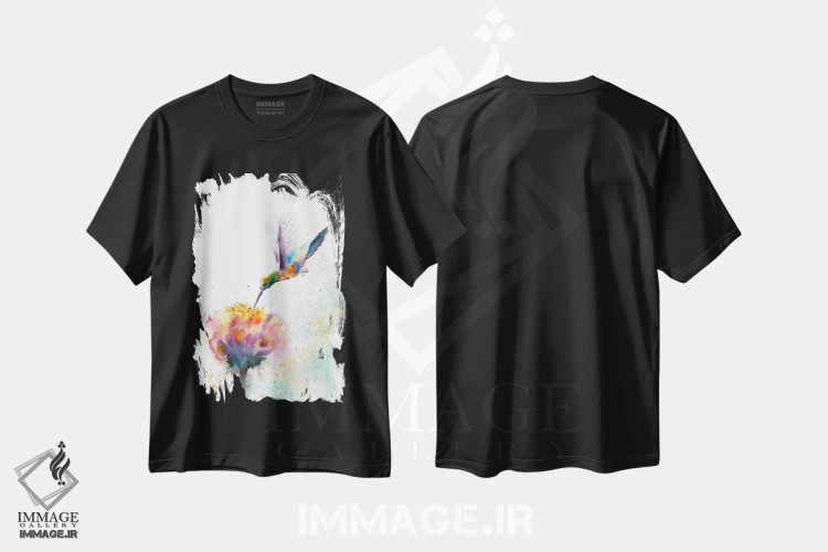 تیشرت مشکی طرح دار مرغ مگس خوار، دکور معاصر اثر الگا چفرانوف | فروشگاه ایماژ