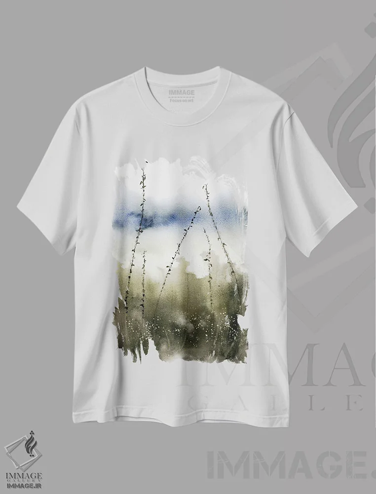 تیشرت سفید طرح دار منظره انتزاعی ۵، مدیوم اثر الگا چفرانوف | فروشگاه ایماژ