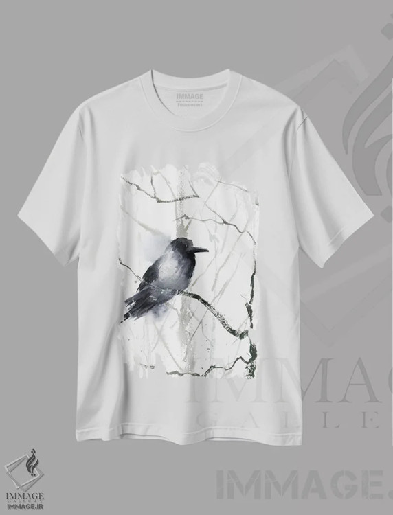 تیشرت سفید طرح دار کلاغ سیاه و درخت، مدیوم اثر الگا چفرانوف | فروشگاه ایماژ