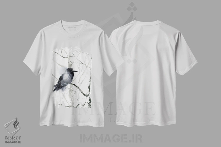 تیشرت سفید طرح دار کلاغ سیاه و درخت، مدیوم اثر الگا چفرانوف | فروشگاه ایماژ