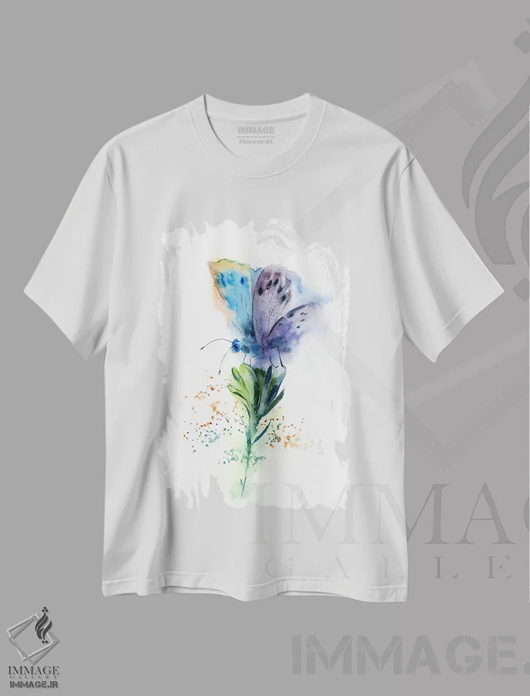 تیشرت سفید طرح دار پروانه بنفش اثر الگا چفرانوف | فروشگاه ایماژ