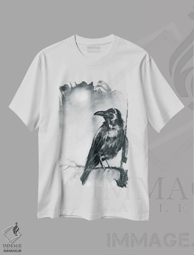 تیشرت سفید طرح دار کلاغ در شب اثر الگا چفرانوف | فروشگاه ایماژ