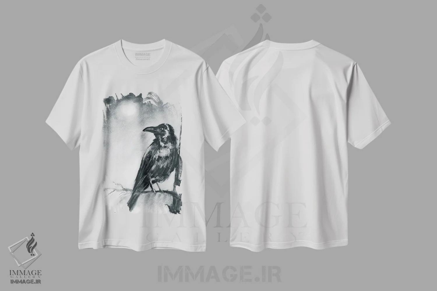 تیشرت سفید طرح دار کلاغ در شب اثر الگا چفرانوف | فروشگاه ایماژ