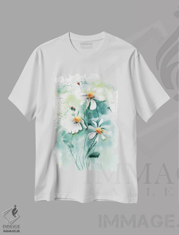 تیشرت سفید طرح دار گل های بابونه ۱، دکور معاصر اثر الگا چفرانوف | فروشگاه ایماژ