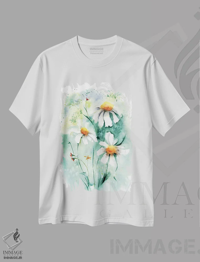 تیشرت سفید طرح دار گل های بابونه ۲، دکور معاصر اثر الگا چفرانوف | فروشگاه ایماژ