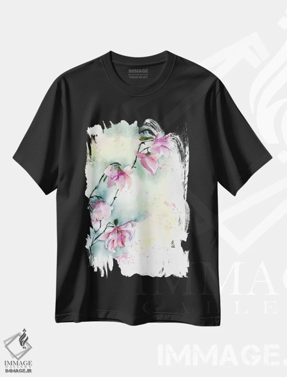 تیشرت مشکی طرح دار مگنولیا ۱، دکور معاصر اثر الگا چفرانوف | فروشگاه ایماژ