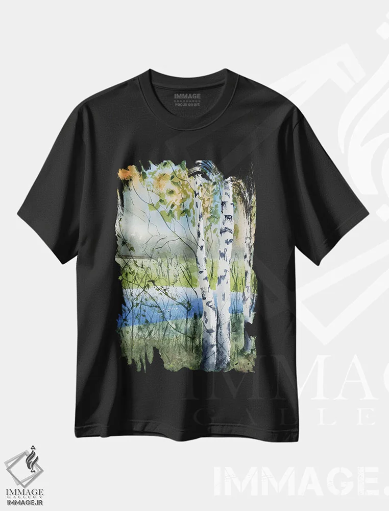 تیشرت مشکی طرح دار درختان توس ۲، دکور معاصر اثر الگا چفرانوف | فروشگاه ایماژ