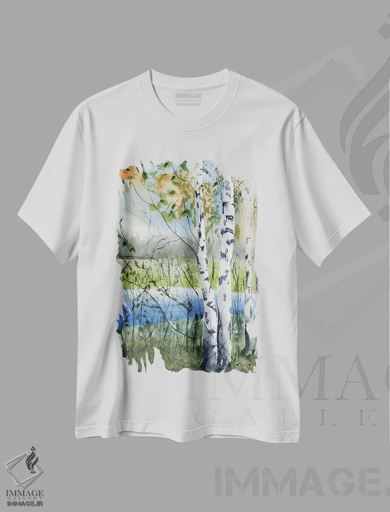 تیشرت سفید طرح دار درختان توس ۲، دکور معاصر اثر الگا چفرانوف | immage.ir