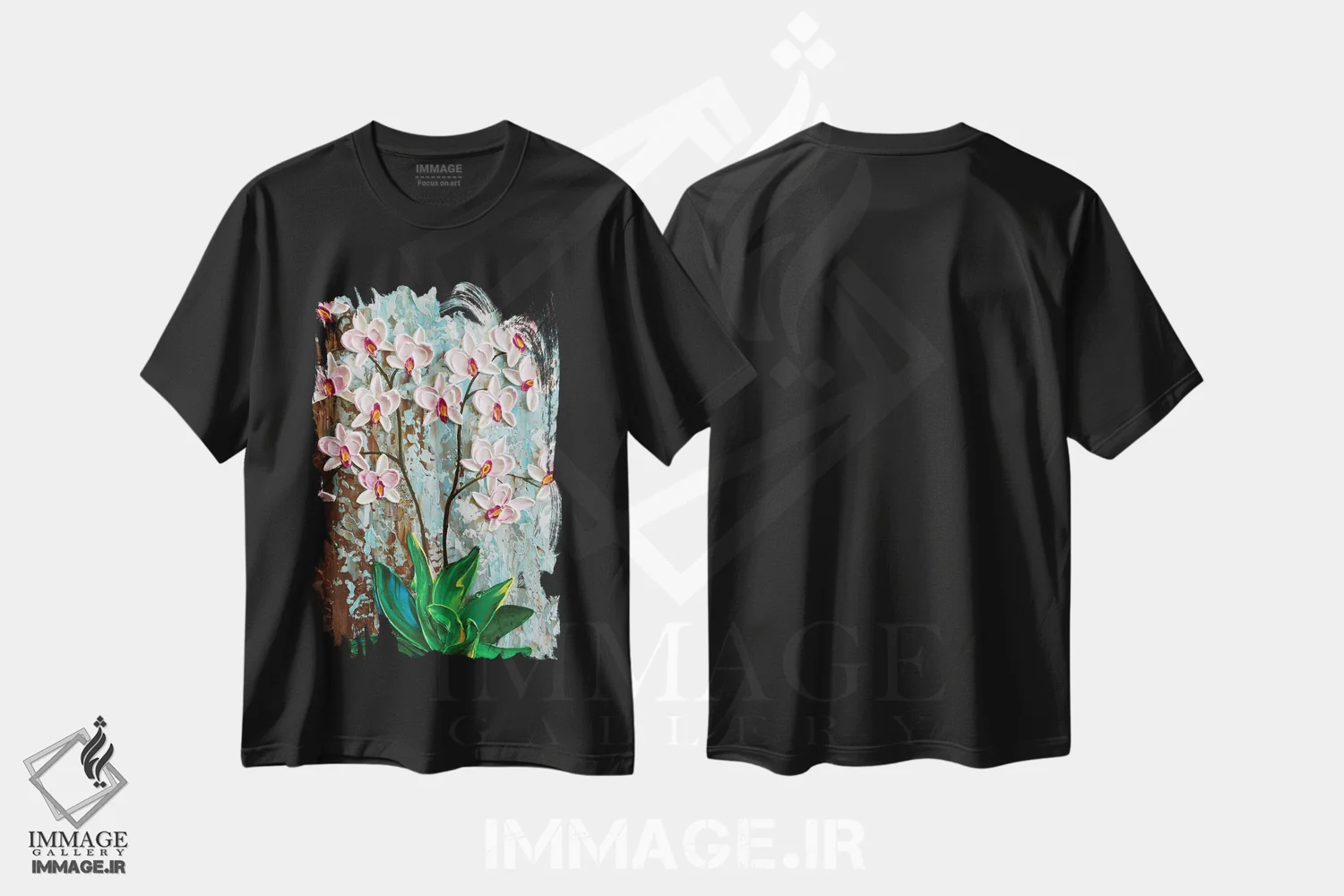 تیشرت مشکی طرح دار ارکیده زیبا، هنر فاخر معاصر اثر الگا تکاچیک | فروشگاه ایماژ