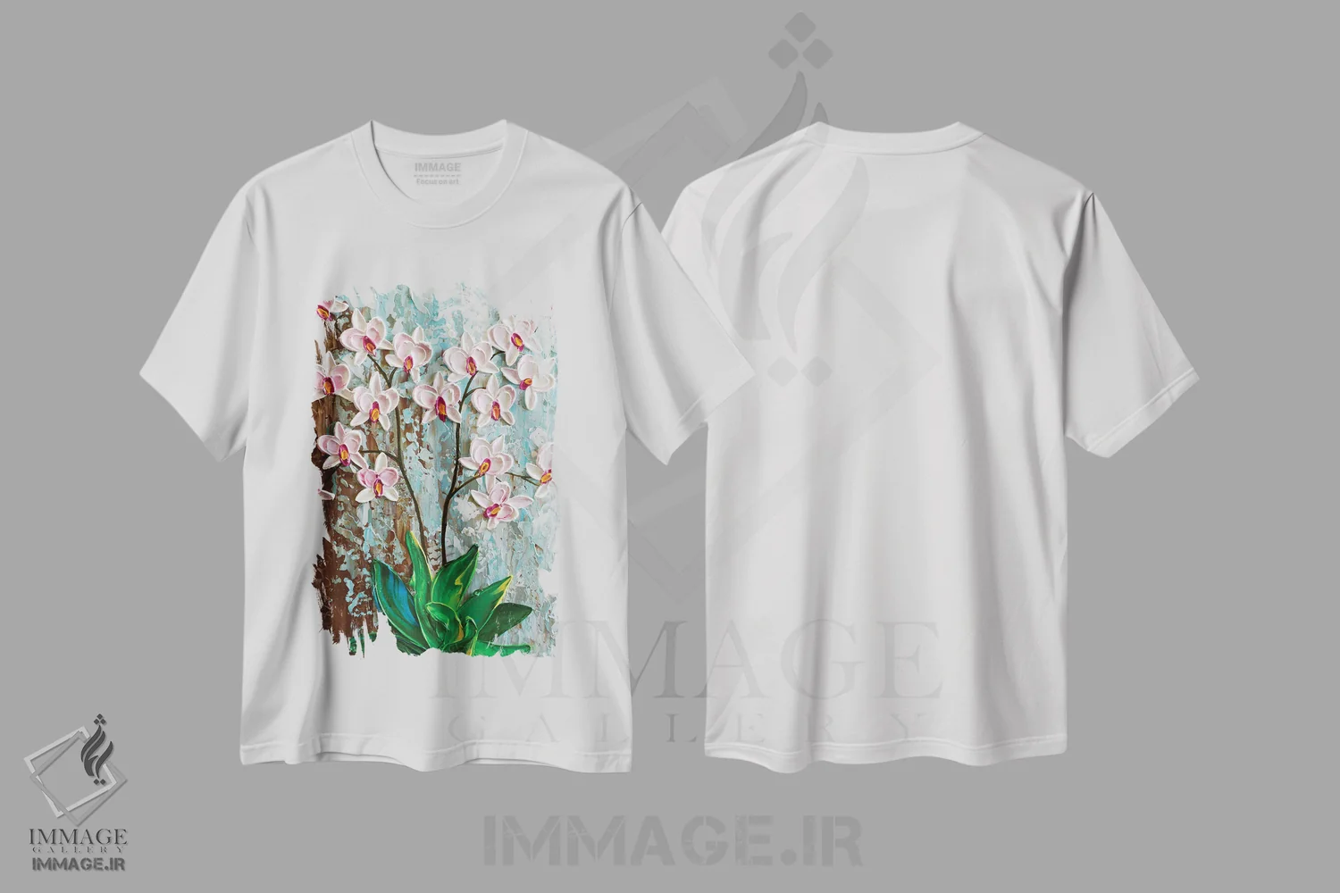 تیشرت سفید طرح دار ارکیده زیبا، هنر فاخر معاصر اثر الگا تکاچیک | immage.ir