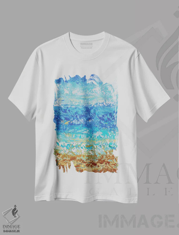 تیشرت سفید طرح دار آب های آبی اقیانوس اثر الگا تکاچیک | فروشگاه ایماژ