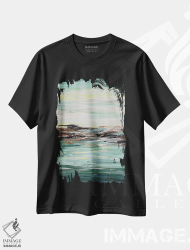 تیشرت مشکی طرح دار طلوع خورشید در اقیانوس، آبستره اثر الگا تکاچیک | فروشگاه ایماژ