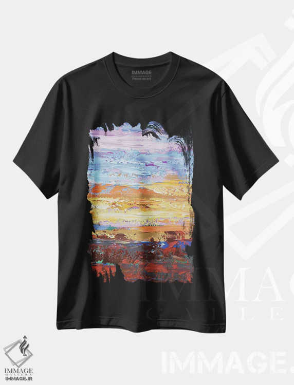 تیشرت مشکی طرح دار غروب طلایی، هنر فاخر معاصر اثر الگا تکاچیک | فروشگاه ایماژ