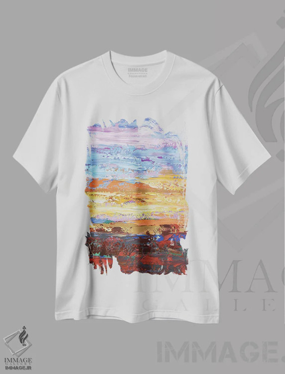 تیشرت سفید طرح دار غروب طلایی، هنر فاخر معاصر اثر الگا تکاچیک | immage.ir