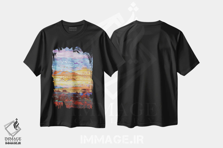 تیشرت مشکی طرح دار غروب طلایی، هنر فاخر معاصر اثر الگا تکاچیک | فروشگاه ایماژ