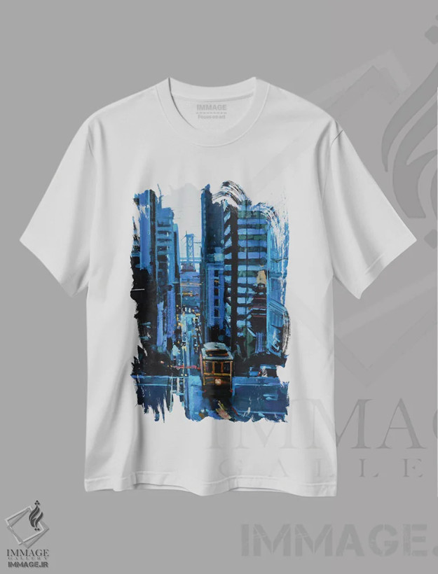 تیشرت سفید طرح دار خیابان های سان فرانسیسکو، هنر فاخر معاصر اثر مارکو اورتولان | فروشگاه ایماژ