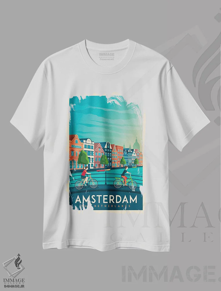 تیشرت سفید طرح دار پوستر سفر آمستردام، تزئینی اثر اولا هوپ تراول پوسترز | immage.ir
