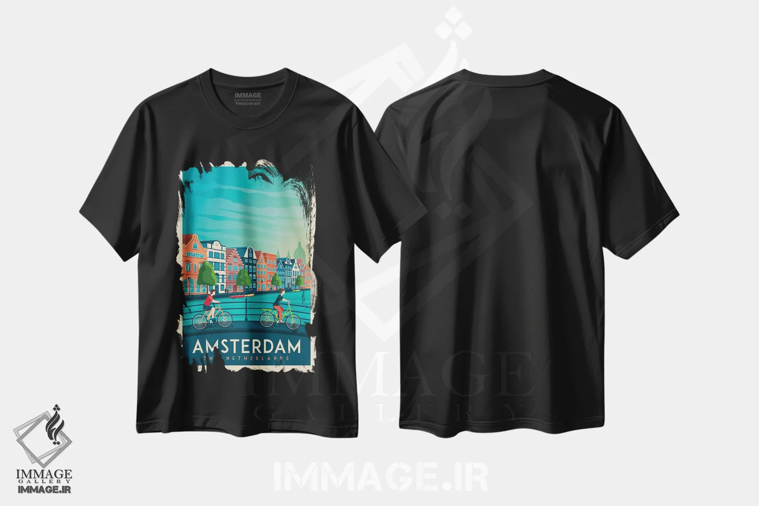 تیشرت مشکی طرح دار پوستر سفر آمستردام، تزئینی اثر اولا هوپ تراول پوسترز | فروشگاه ایماژ