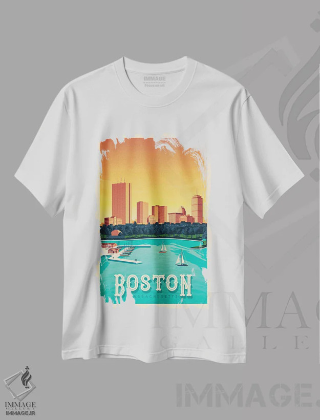 تیشرت سفید طرح دار پوستر سفر بوستون، تزئینی اثر اولا هوپ تراول پوسترز | فروشگاه ایماژ