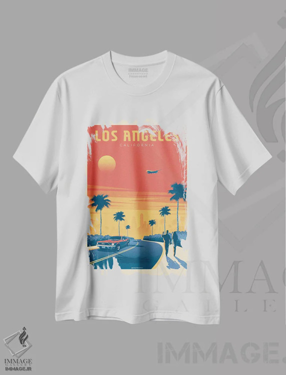 تیشرت سفید طرح دار پوستر سفر غروب لس آنجلس کالیفرنیا، هنر دیجیتال اثر اولا هوپ تراول پوسترز | فروشگاه ایماژ