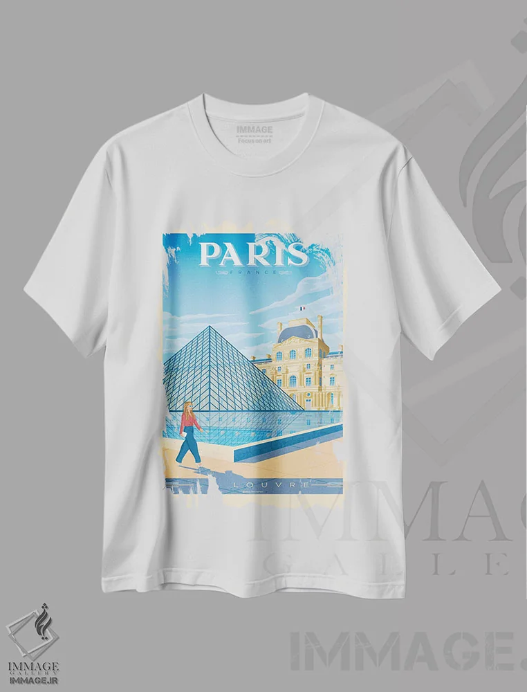 تیشرت سفید طرح دار پوستر سفر پاریس فرانسه موزه لوور، هنر دیجیتال اثر اولا هوپ تراول پوسترز | فروشگاه ایماژ