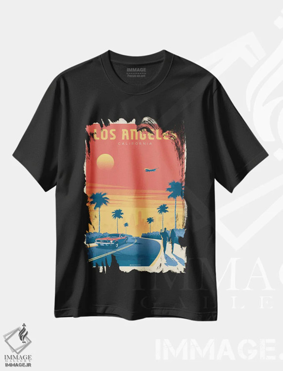 تیشرت مشکی طرح دار پوستر سفر غروب لس آنجلس کالیفرنیا، هنر دیجیتال اثر اولا هوپ تراول پوسترز | immage.ir