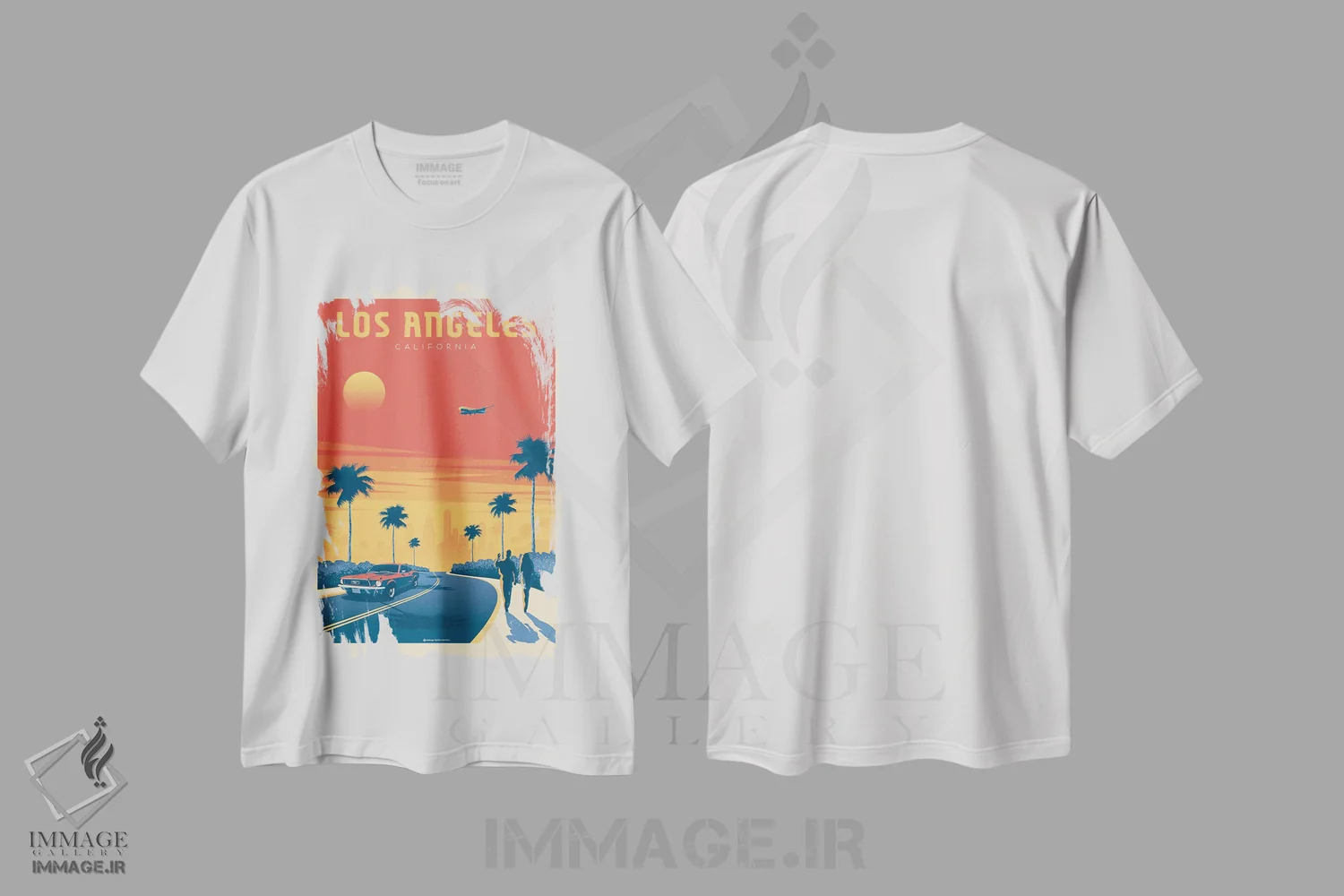 تیشرت سفید طرح دار پوستر سفر غروب لس آنجلس کالیفرنیا، هنر دیجیتال اثر اولا هوپ تراول پوسترز | فروشگاه ایماژ