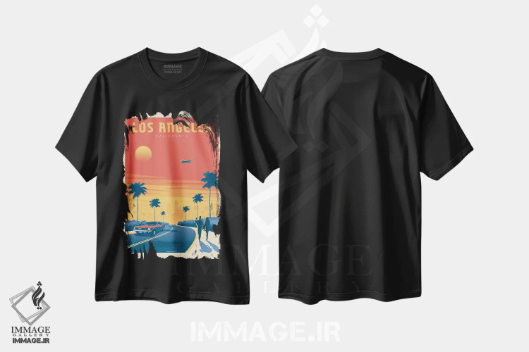 تیشرت مشکی طرح دار پوستر سفر غروب لس آنجلس کالیفرنیا، هنر دیجیتال اثر اولا هوپ تراول پوسترز | immage.ir