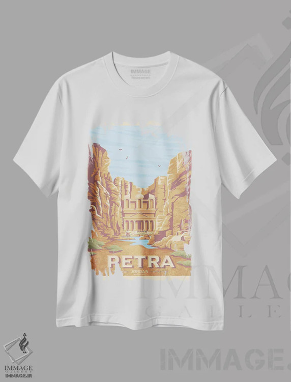 تیشرت سفید طرح دار پوستر سفر پترا خزنه اردن، هنر دیجیتال اثر اولا هوپ تراول پوسترز | immage.ir