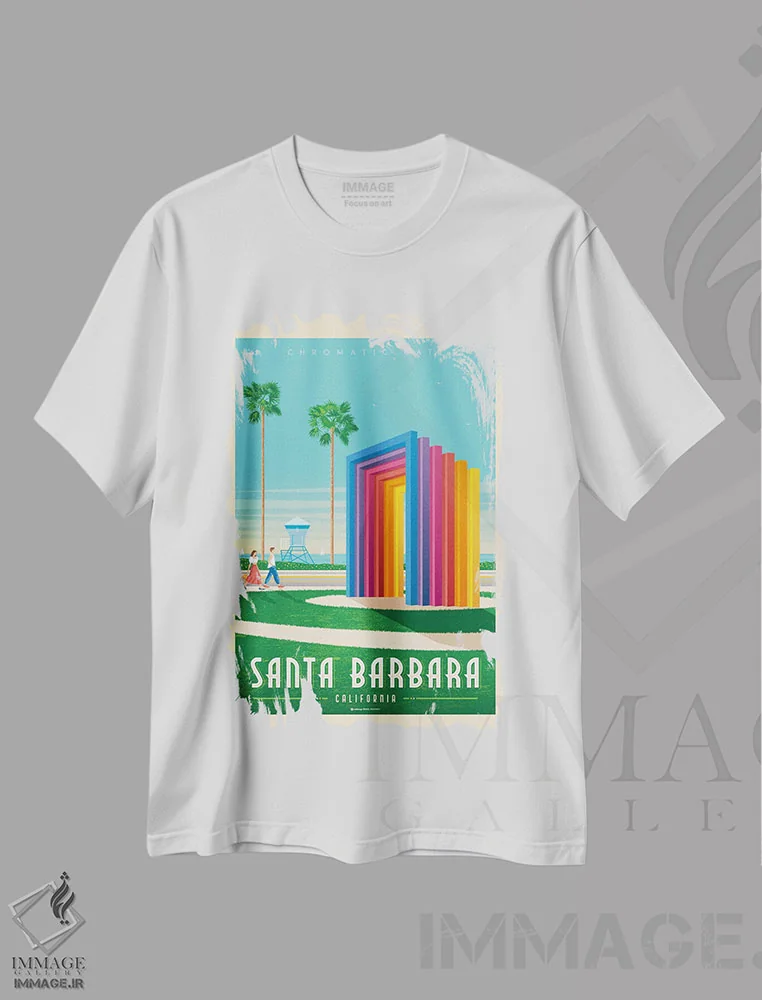 تیشرت سفید طرح دار پوستر سفر سانتا باربارا کالیفرنیا، هنر دیجیتال اثر اولا هوپ تراول پوسترز | فروشگاه ایماژ