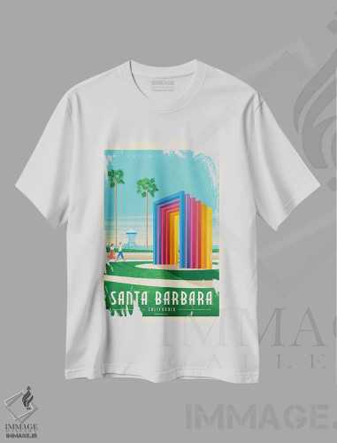 تیشرت سفید طرح دار پوستر سفر سانتا باربارا کالیفرنیا، هنر دیجیتال اثر اولا هوپ تراول پوسترز | فروشگاه ایماژ