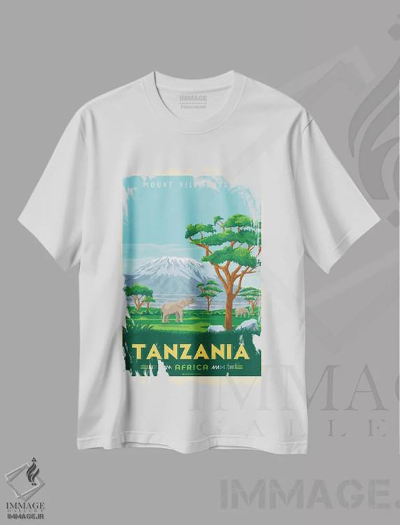 تیشرت سفید طرح دار پوستر سفر تانزانیا کوه کلیمانجارو، هنر دیجیتال اثر اولا هوپ تراول پوسترز | فروشگاه ایماژ