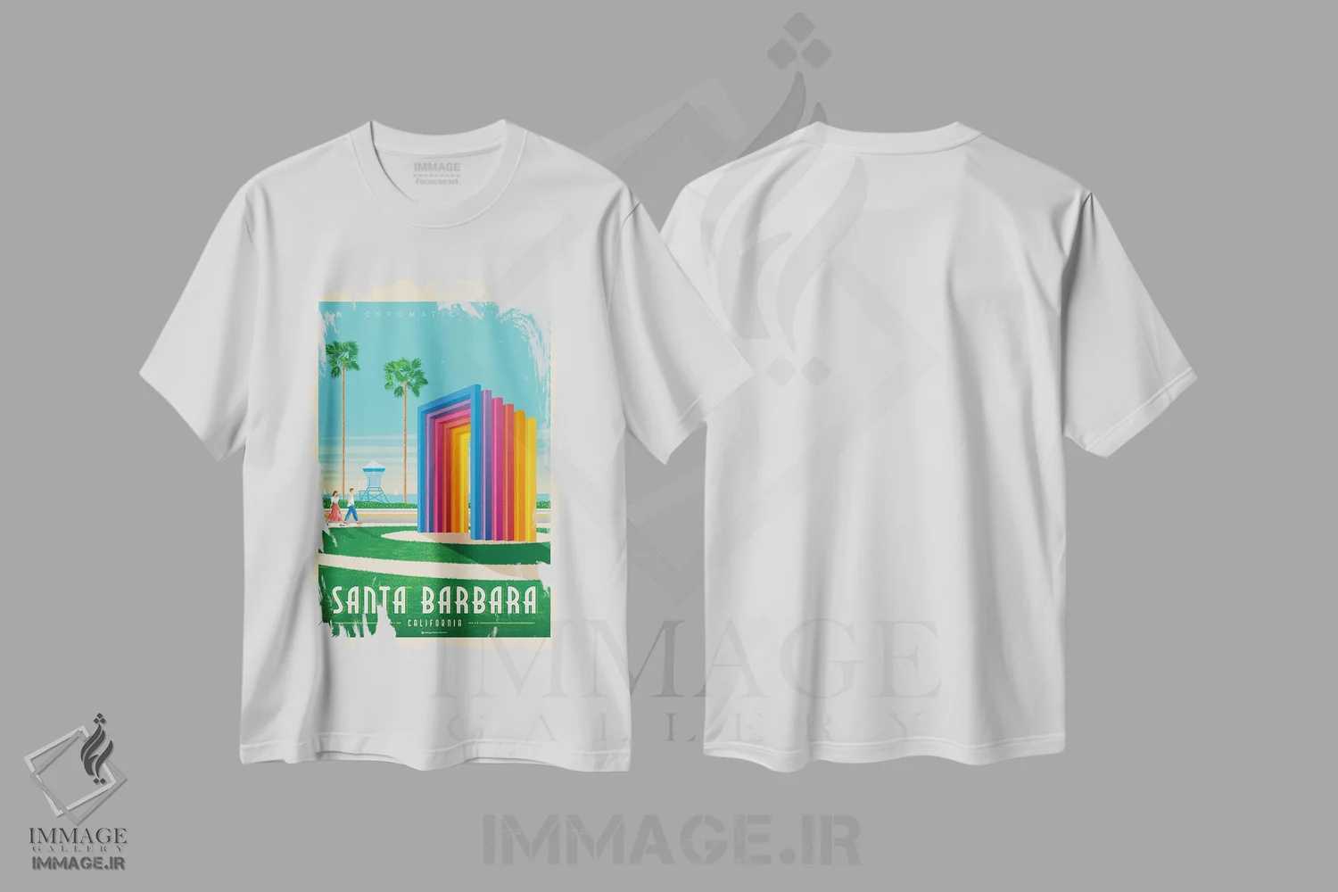 تیشرت سفید طرح دار پوستر سفر سانتا باربارا کالیفرنیا، هنر دیجیتال اثر اولا هوپ تراول پوسترز | فروشگاه ایماژ