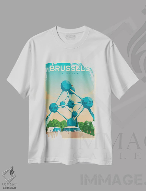 تیشرت سفید طرح دار پوستر سفر بروکسل بلژیک، تزئینی اثر اولا هوپ تراول پوسترز | immage.ir