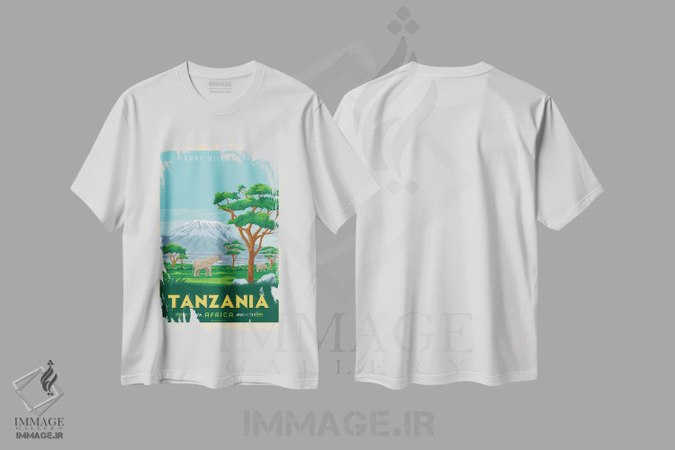 تیشرت سفید طرح دار پوستر سفر تانزانیا کوه کلیمانجارو، هنر دیجیتال اثر اولا هوپ تراول پوسترز | فروشگاه ایماژ