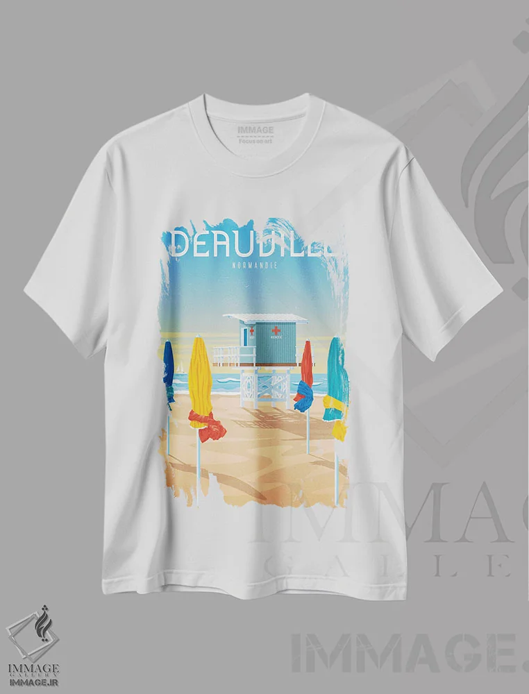 تیشرت سفید طرح دار پوستر سفر ساحل دوویل فرانسه، هنر دیجیتال اثر اولا هوپ تراول پوسترز | فروشگاه ایماژ