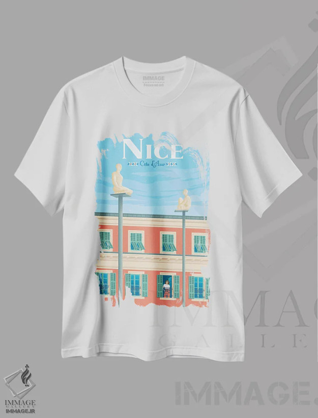 تیشرت سفید طرح دار پوستر سفر نیس ریویرا فرانسه، هنر دیجیتال اثر اولا هوپ تراول پوسترز | فروشگاه ایماژ