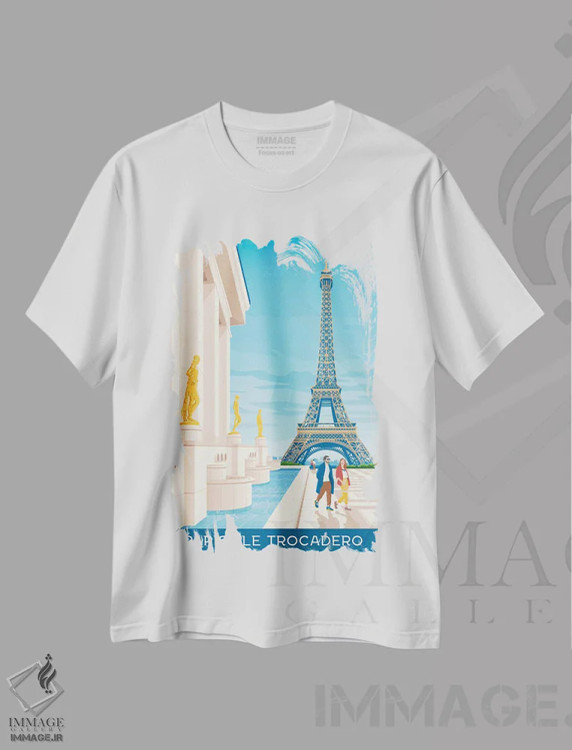 تیشرت سفید طرح دار پوستر سفر میدان تروکادرو پاریس فرانسه، هنر دیجیتال اثر اولا هوپ تراول پوسترز | فروشگاه ایماژ