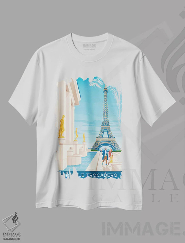 تیشرت سفید طرح دار پوستر سفر میدان تروکادرو پاریس فرانسه، هنر دیجیتال اثر اولا هوپ تراول پوسترز | فروشگاه ایماژ